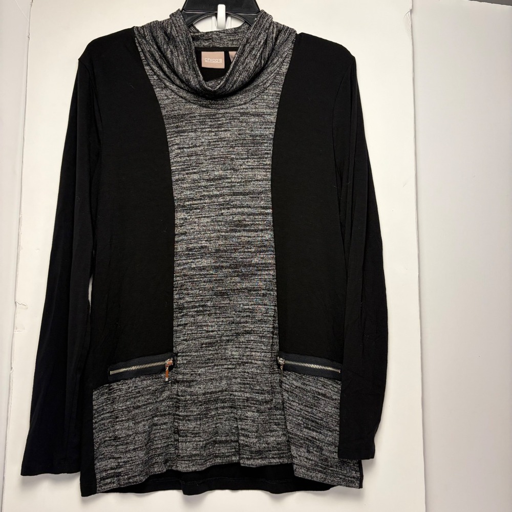 Chicos Cowl Neck Mixed Media Top Black Grey Marled Zipper Pockets Sz 0 Small